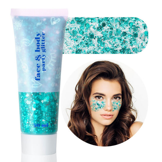Picture of MEICOLY Teal Body Glitter,Mermaid Face Glitter Gel,Sequins Glitter Face Paint,Dazzle Green Chunky Glitter for Face Body Eye Lip Hair,Sparkling Holographic Gel Glitter Makeup for Women and Kids,50 ml
