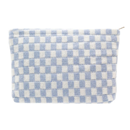 Picture of PAZIMIIK Knit Checkered Makeup Bag Large Zipper Make Up Accessory Pouch for Purse Cosmetic Brush Bag for Travel Essential,Blue