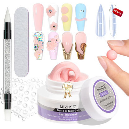 Picture of MIZHSE Solid Nail Builder Gel, 2.1 oz 60g Nude Builder Gel for Nails Non-Sticky Solid Builder Gel for Nail Extensions Hard Gel with 24pcs Nail Forms and Silicone Pen Nail Art Manicure Set