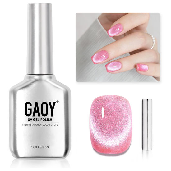 Picture of GAOY Cat Eye Gel Nail Polish, 16ml Pink Glitter Holographic Nail Polish with Magnet, Reflective Translucent UV Gel, 2280 Electric Pink