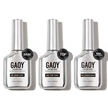Picture of GAOY Gel Top Coat, Nail Strengthener and Base Coat Set, 3 Pcs 16ml Clear Glossy No Wipe Combination for UV Light Cure Gel Nail Polish