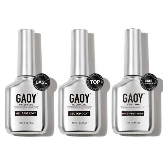 Picture of GAOY Gel Top Coat, Nail Strengthener and Base Coat Set, 3 Pcs 16ml Clear Glossy No Wipe Combination for UV Light Cure Gel Nail Polish