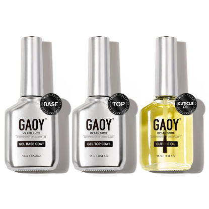 Picture of GAOY Gel Top Coat, Base Coat and Cuticle Oil Set, 3 Pcs 16ml Glossy No Wipe Combination for UV Light Cure Gel Nail Polish