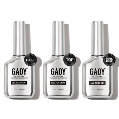 Picture of GAOY Gel Top Coat, Nail Glue Gel and Base Coat Set, 3 Pcs 16ml Clear Glossy No Wipe Combination for UV Light Cure Gel Nail Polish