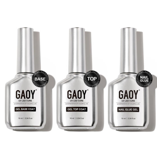 Picture of GAOY Gel Top Coat, Nail Glue Gel and Base Coat Set, 3 Pcs 16ml Clear Glossy No Wipe Combination for UV Light Cure Gel Nail Polish