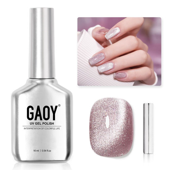 Picture of GAOY Pink Glassy Cat Eye Gel Nail Polish, 16ml Glitter Holographic Nail Polish with Magnet, Reflective Translucent UV Gel, 2146 Pink Fireworks