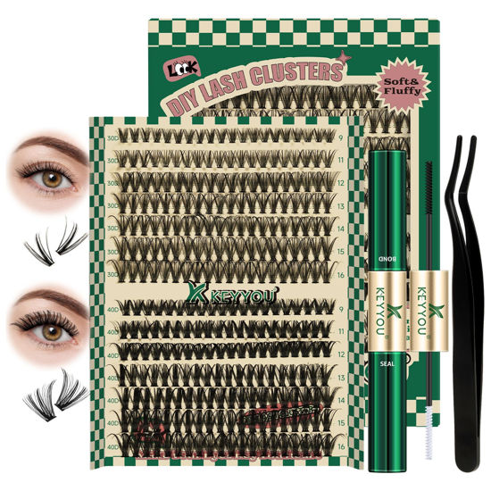 Picture of DIY Lash Extension Kit 280pcs Individual Lashes D Curl Eyelash Extension Kit KEYYOU 30D+40D 9-16Mix Lash Clusters with Lash Bond and Seal and Lash Applicator for DIY at Home(KIT-30D40D-0.07D-9-16Mix)