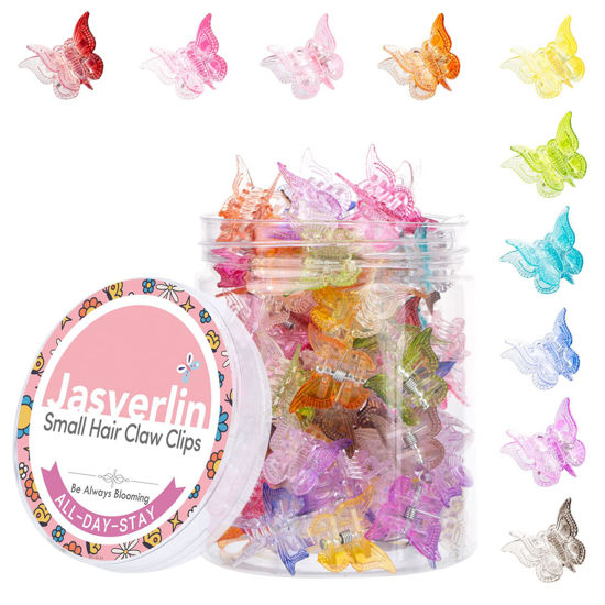 Picture of JASVERLIN Gradient Butterfly Hair Clip, Mini Plastic 90s Hair Claw for Women Girls, No Crease Hairclips Toddler Y2K Hair Accessories Set 50pcs Rainbow Assorted Color (Gradient Color)