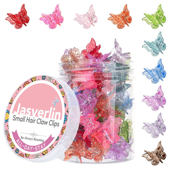 Picture of JASVERLIN Glitter Mini Butterfly Hair Claw Clips, Sparkly Colorful Hair Accessories for Girls and Women - 90s Y2K Cute, Small, Tiny Clip in 10 Assorted Colors, Set of 50 (Glitter Color)