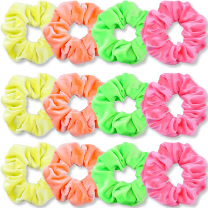 Picture of IVARYSS Neon Scrunchies for Hair 80s, Premium Velvet Soft Hair Scrunchy, Solid Colors Thick Elastic Bands, Hair Accessories for Women and Girls, 12 Pack