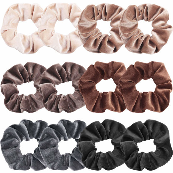 Picture of IVARYSS Scrunchies for Women, 12 Pcs Neutral Velvet Scrunchies for Hair, Classic Elastic Thick Scrunchy Hair Bands Ties, Soft Ropes Ponytail Holder Hair Accessories