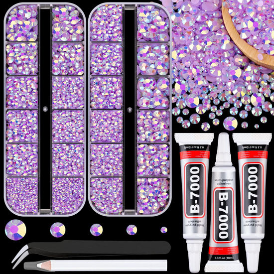 Picture of Resin Jelly Rhinestones for Crafting with B7000 Jewelry Glue, 2 Boxes Light Purple AB Flatback Crystals with 3Pcs 10ml Glue, Bedazzling Non Hotfix Gems for DIY Tumblers Clothing Shoes Manicure