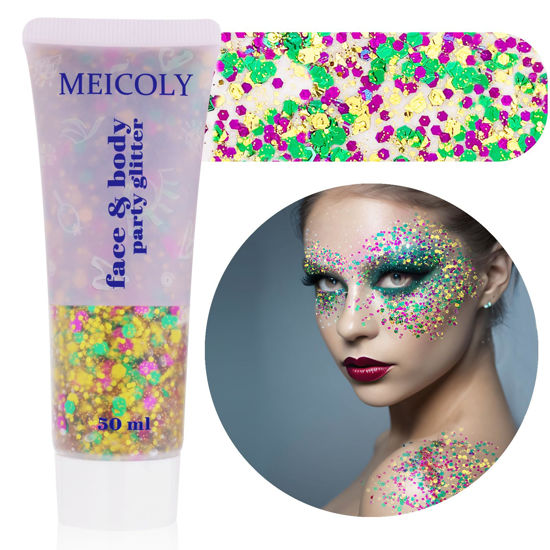Picture of MEICOLY Mardi Gras Face Glitter,Gold Green Purple Mixed Chunky Glitter Gel,Festival Rave St Patricks Day Accessories Glitter for Face/Body/Hair,Holographic Sequins Body Glitter for Carnival