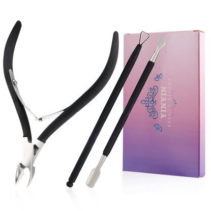 Picture of Cuticle Trimmer with Cuticle Pusher and Cutter-YINYIN Cuticle Cutter Cuticle Nipper Professional Stainless Steel Cuticle Clippers Durable Pedicure Manicure Tools for Fingernails and Toenails (Black)