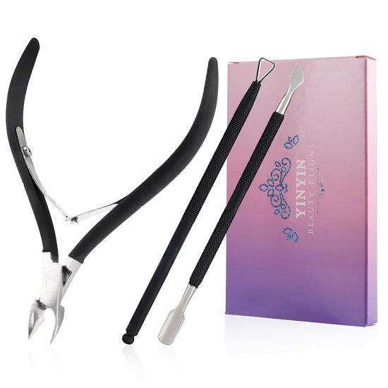 Picture of Cuticle Trimmer with Cuticle Pusher and Cutter-YINYIN Cuticle Cutter Cuticle Nipper Professional Stainless Steel Cuticle Clippers Durable Pedicure Manicure Tools for Fingernails and Toenails (Black)