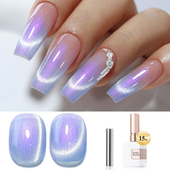 Picture of Double Rhythm 0.5 OZ Cat Eye Gel Polish with Magnet 15ML Holographic Glitter Shimmer Translucent Jelly Color Magnetic Nail Polish Salon DIY at Home (MC1001)