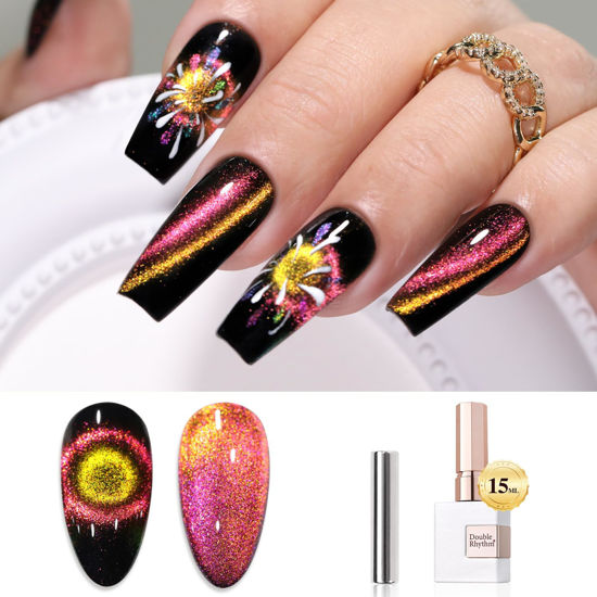 Picture of Double Rhythm 0.5 OZ Cat Eye Gel Polish with Magnet 15ML Holographic Glitter Shimmer Translucent Jelly Color Magnetic Nail Polish Salon DIY at Home (MC1050)