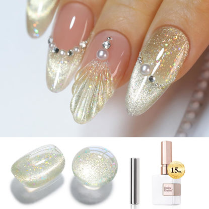 Picture of Double Rhythm 0.5 OZ Cat Eye Gel Polish with Magnet 15ML Holographic Glitter Shimmer Translucent Jelly Color Magnetic Nail Polish Salon DIY at Home (MC1060)