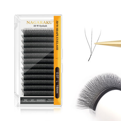 Picture of NAGARAKU 3D W Shape Eyelash Extension Supplies Natural Soft Volume 0.07mm L curl 14mm Premade Fans Faux Mink Matte Black Cluster Easy Fanning False Lashes