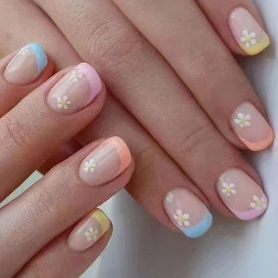Picture of DANMANR Square Press on Nails Short Fake Nails French Acrylic Full Cover False Nails for Women and Girls 24PCS (Multicolour French)