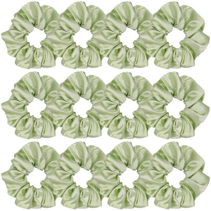 Picture of 12 Pcs Satin Silk Scrunchies, Soft Hair Ties, Fashion Bands, Bows, Ropes, Elastic Bracelets, Ponytail Holders for Women and Girls (4.5 Inch, Tender Green)