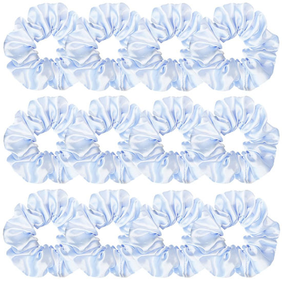 Picture of 12 Pcs Satin Silk Scrunchies, Soft Hair Ties, Fashion Hair Accessories Bows, Ropes, Elastic Bracelets, Ponytail Holders for Women and Girls (4.5 Inch, Light Blue)