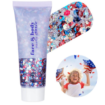 Picture of Go Ho Red White and Blue Body Glitter,USA Flag Pride Face Glitter,4th of July Outfits for Women Reflective Glitter Makeup,Holographic Long Lasting Chunky Sequins Glitter,Fourth of July Accessories