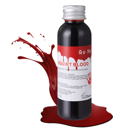 Picture of Go Ho Fake Blood Makeup (2 oz),Fake Blood Washable for Scar Wounds,Easy Dry Flow Fake Blood for Eyes Drips Nose Bleeds,Halloween Blood for Cosplay SFX Zombie Vampire Makeup,Dark