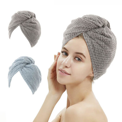 Picture of M-bestl 2 Pack Absorbent Microfiber Hair Towel Wrap,Anti-frizz Hair Drying Towel with Button to Dry Hair Quickly,25.6X9.8 inch (Gray&Blue)