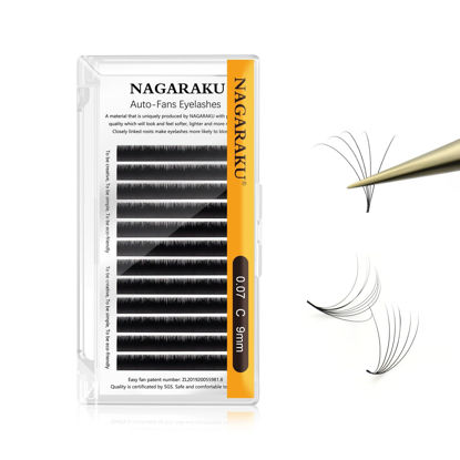 Picture of NAGARAKU Easy Fan Eyelash Extensions Volume Lash 0.07 C curl 9mm Rapid Blooming Faux Mink Cluster For Beginners Soft Professional Lash Supplies