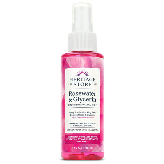 Picture of HERITAGE STORE Rosewater & Glycerin Hydrating Facial Mist - Dry Combination Skin Care - Rose Water Spray w/ Vegetable Glycerine, Made Without Dyes or Alcohol, Hypoallergenic, Vegan, Cruelty Free, 4oz
