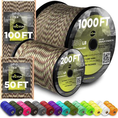 Picture of TECEUM Paracord Type III 550 Camo - 50 ft - 4mm - Tactical Rope MIL-SPEC - Outdoor para Cord - Camping Hiking Fishing Gear - EDC Parachute Cord - Strong Survival Rope 788
