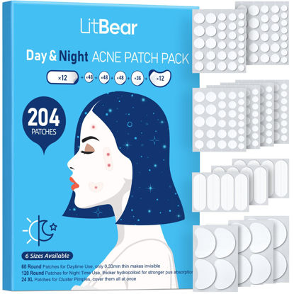Picture of LitBear Acne Pimple Patches- Day and Night 6 Sizes 204 Dots Thin & Thick Hydrocolloid Patches with Witch Hazel, Tea Tree & Calendula Oil, Extra Adhesion for Face Zit Patch Dots