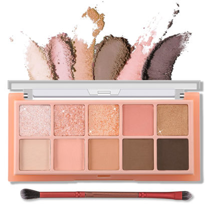 Picture of Erinde 10 Colors Eyeshadow Palette Makeup - Matte Shimmer Glitter Eye Shadow, Ultra-Blendable, High Pigmented, Naturing-Looking, Neutral Nude Eyeshadow Pallet with Professional Brush, Peach Color