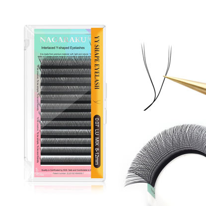 Picture of NAGARAKU yy Eyelash Extensions Supplies y lash 0.07mm C curl 14mm Premade Fans 4D Russian Volume Y Shape Faux Mink Matte 12 rows Cluster pre Fanned Wispies Crisscross Eye Lashes
