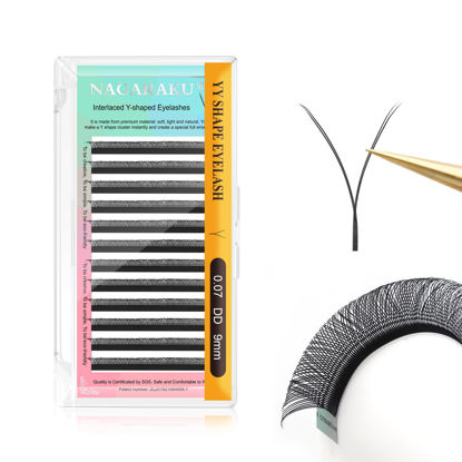 Picture of NAGARAKU yy Eyelash Extensions Supplies y lash 0.07mm DD curl 9mm Premade Fans 4D Russian Volume Y Shape Faux Mink Matte 12 rows Cluster pre Fanned Eye Lashes