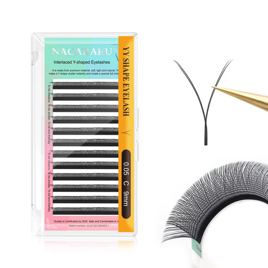 Picture of NAGARAKU yy Eyelash Extensions Supplies y lash 0.05mm C curl 9mm Premade Fans 4D Russian Volume Y Shape Faux Mink Matte 12 rows Cluster pre Fanned Wispies Crisscross Eye Lashes