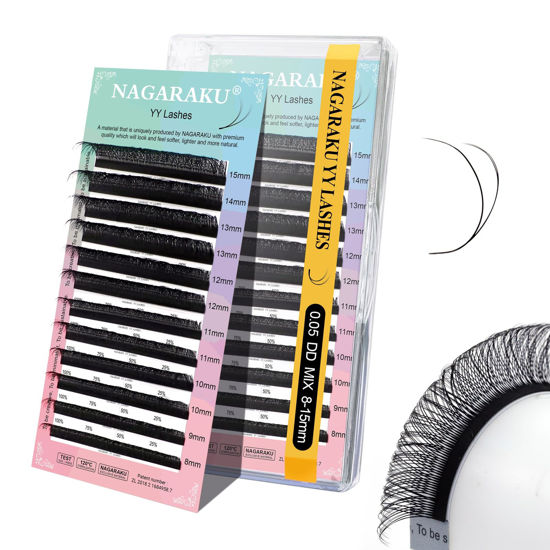 Picture of NAGARAKU YY Eyelash Extensions Supplies Y Lash 4D Easy Fan Russian Volume Crisscross YY Eyelashes Handwoven Y Shaped Mesh Wispy Clusters 12 Rows Pre Fanned Eye Lashes Black - 0.05DD (8-15mm) Mix