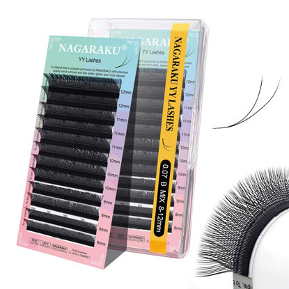 Picture of NAGARAKU YY Eyelash Extensions Supplies Y Lash 4D Easy Fan Russian Volume Crisscross YY Eyelashes Handwoven Y Shaped Mesh Wispy Clusters 12 Rows Pre Fanned Eye Lashes Black - 0.07B (8-12mm) Mix