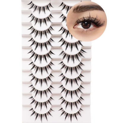 Picture of Losha Lashes Manga Lashes Natural Look Wispy False Eyelashes with Clear Band 10 Pairs Faux Mink Lashes Look Like Individual Cluster Lashes (Demon)