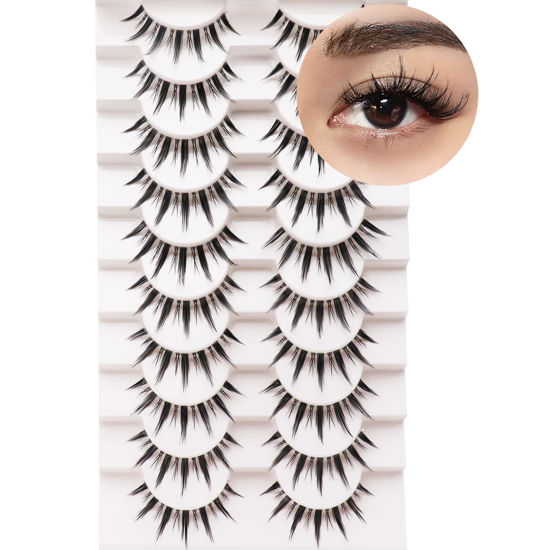 Picture of Losha Lashes Manga Lashes Natural Look Wispy False Eyelashes with Clear Band 10 Pairs Faux Mink Lashes Look Like Individual Cluster Lashes (Demon)