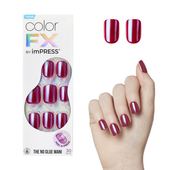 Picture of KISS imPRESS No Glue Mani Press-On Nails, Color FX, 'This City', Dark Red, Short Size, Squoval Shape, Includes 30 Nails, Prep Pad, Instructions Sheet, 1 Manicure Stick, 1 Mini File