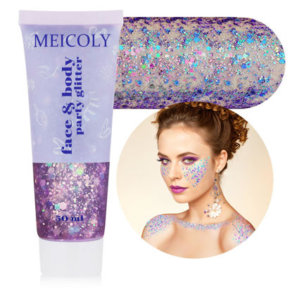 Picture of MEICOLY Chameleon Purple Body Glitter,Chunky Glitter Face Paint,Color Changing Mermaid Face Glitter Gel,Holographic Glitter Sequin for Face Body Hair,Halloween Festival Party Glitter Makeup,50ml