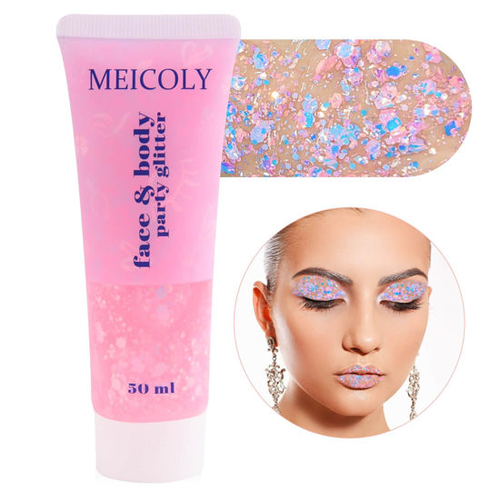 Picture of MEICOLY Chameleon Baby Pink Body Glitter,Pink Turn to Purple Face Glitter Paint,Color Changing Mermaid Face Glitter Gel,Chunky Glitter Sequin for Face Body Hair,Festival Party Glitter Makeup,50ml