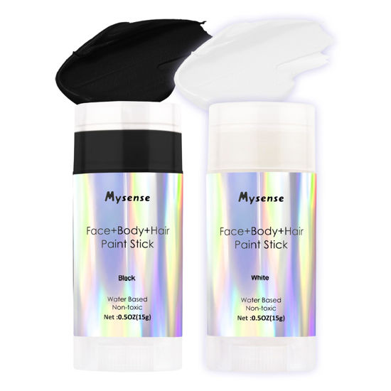 Picture of Mysense Black&White Face Body Hair Paint Stick,Water Based Washable Temporary Hair Color,Non-toxic Cream Body Paint for Adults and Kids Halloween SFX Cosplay Clown Skull Zombie Makeup,0.5oz/pc