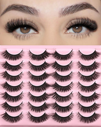 Picture of FARRED Natural Lashes Short Eyelashes Wispy False Mink Lash Pack 14 Pair Fluffy Cat Eye Strip Eyelash that Looks Like Extensions Small Fake Lashes for MUA and Beginners Daily Makeup (F14 | 8-15mm)