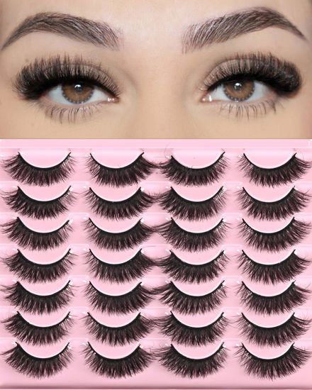 Picture of FARRED Natural Lashes Short Eyelashes Wispy False Mink Lash Pack 14 Pair Fluffy Cat Eye Strip Eyelash that Looks Like Extensions Small Fake Lashes for MUA and Beginners Daily Makeup (F14 | 8-15mm)