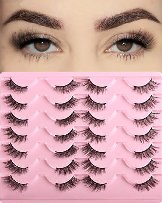 Picture of FARRED Half Lashes Natural Look Short Eyelashes Cat Eye Lash Fluffy Natural Lashes Wispy False Eyelash 14 Pairs Faux Mink Strip Eye Lashes Pack for Daily Makeup (F15 | 9-14mm)