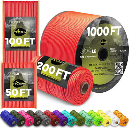 Picture of TECEUM Paracord Type III 550 Soffit Orange - 50 ft - 4mm - Tactical Rope MIL-SPEC - Outdoor para Cord - Camping Hiking Fishing Gear - EDC Parachute Cord - Strong Survival Rope 345 nw