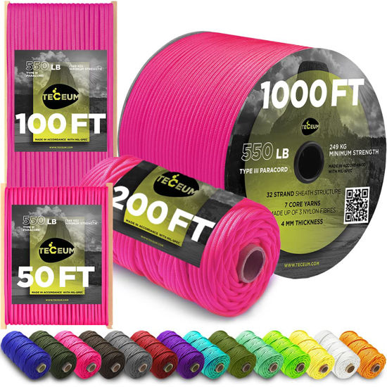 Picture of TECEUM Paracord Type III 550 Sofit Pink - 50 ft - 4mm - Tactical Rope MIL-SPEC - Outdoor para Cord - Camping Hiking Fishing Gear - EDC Parachute Cord - Strong Survival Rope 315 nw